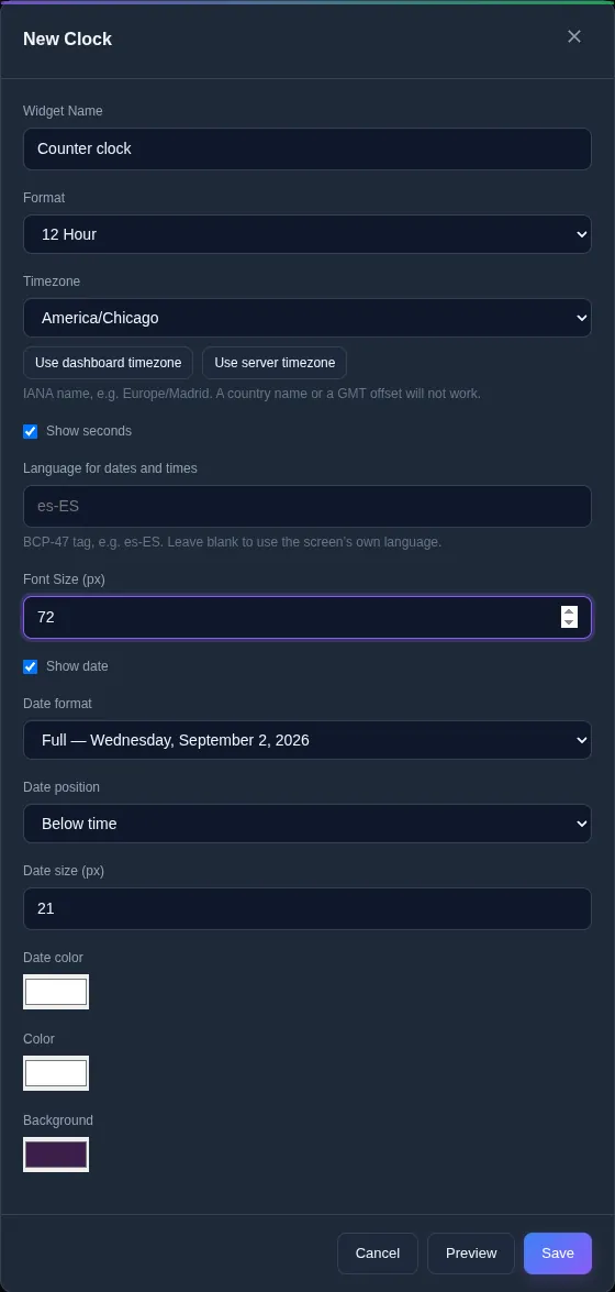 The New Clock form with Widget Name Counter clock, Format 12 Hour, Timezone America/Chicago, Show seconds ticked, Font Size 72, Show date ticked and Date format Full.