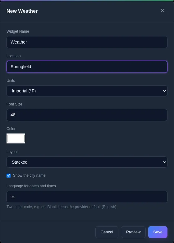 The New Weather form with a Location field, Units set to Imperial, Font Size, Color, Layout set to Stacked and a Show the city name box.